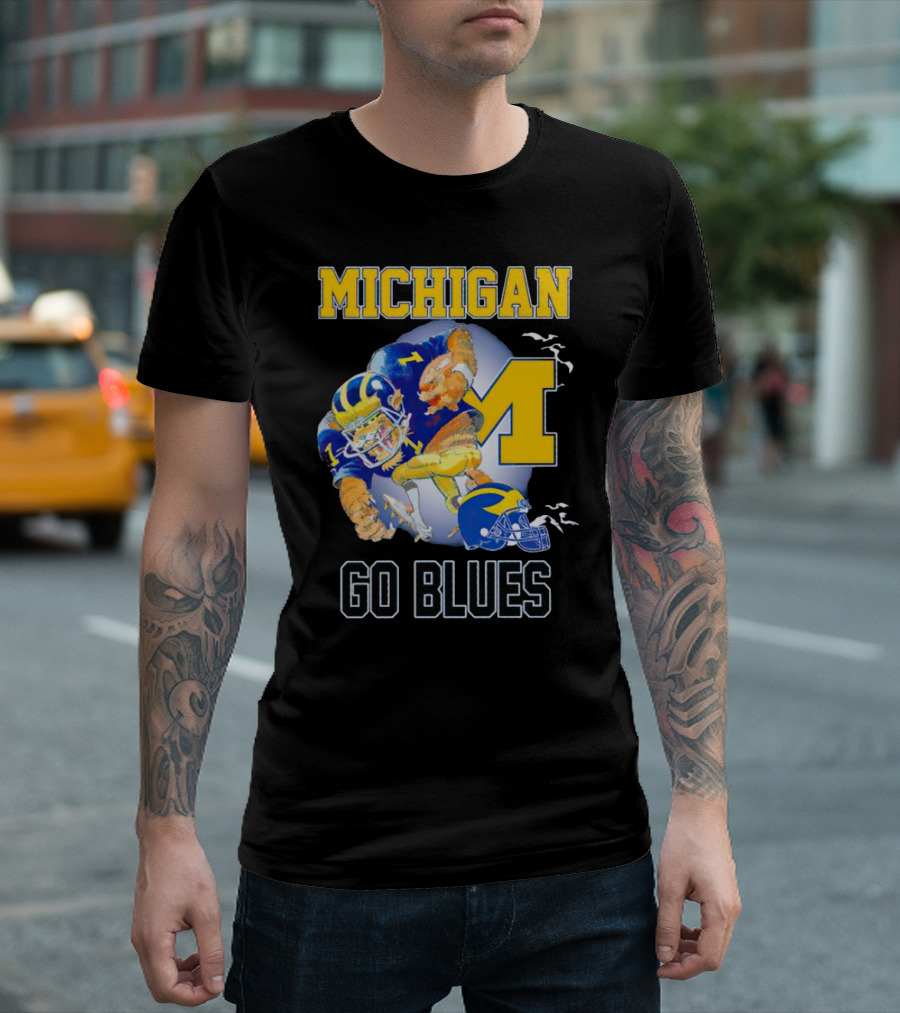Michigan Wolverines Go Blues Football Player And Helmet T-Shirt
