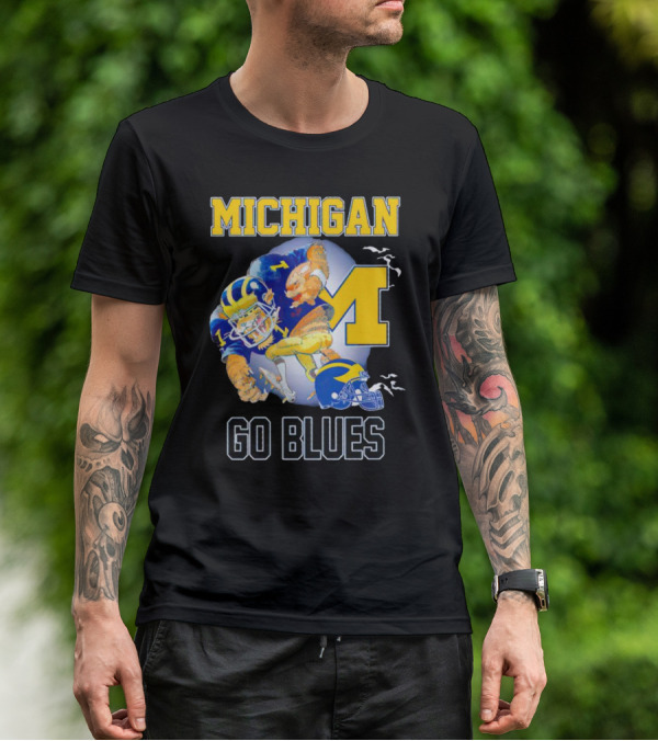 Michigan Wolverines Go Blues Football Player And Helmet T-Shirt