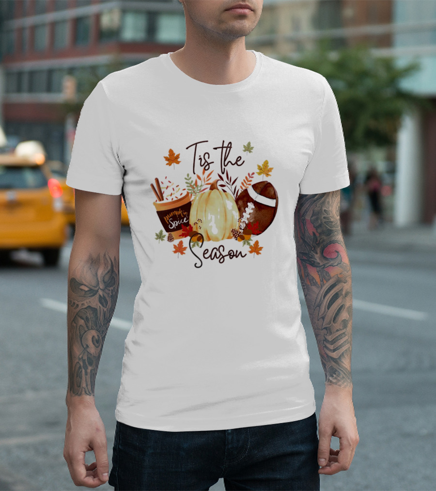 Tis the Season Pumpkin Spice Fall Leaves Football T-Shirt