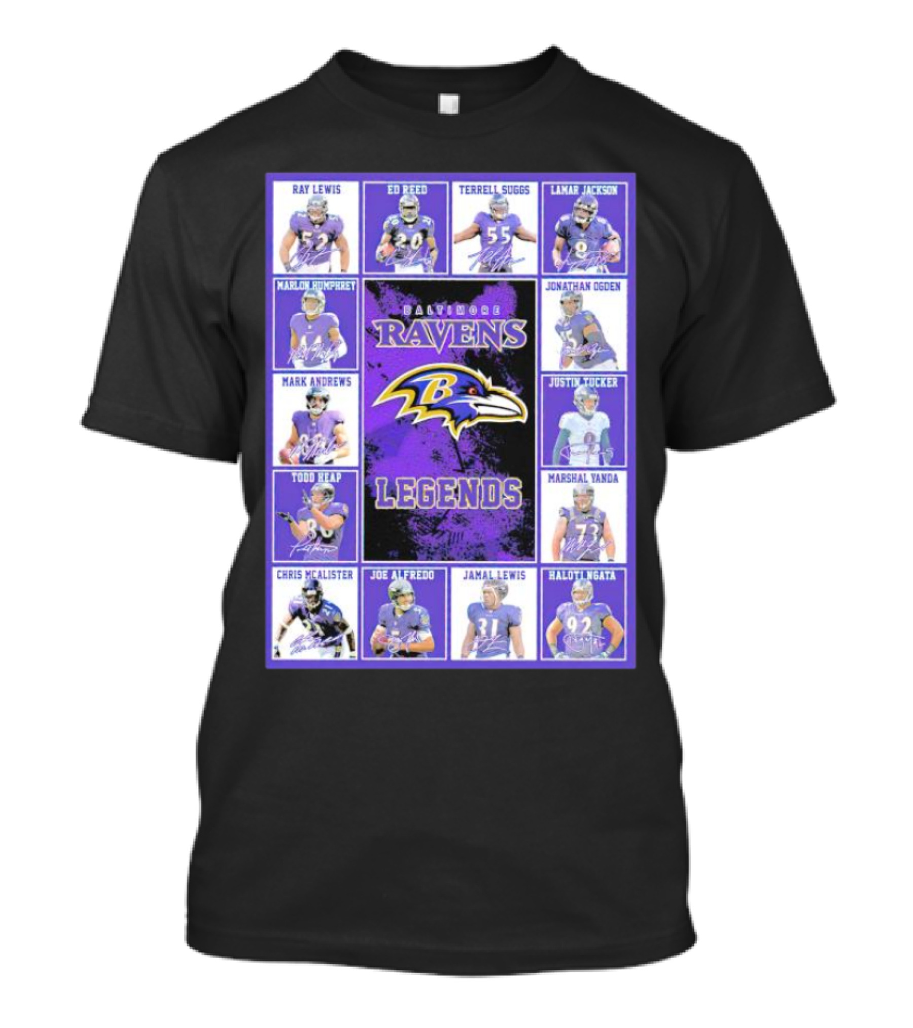 Signatures Of Baltimore Ravens Legends Featuring Ray Lewis Ed Reed Terrell Suggs Lamar Jackson Jonathan Ogden Justin Tucker T-Shirt