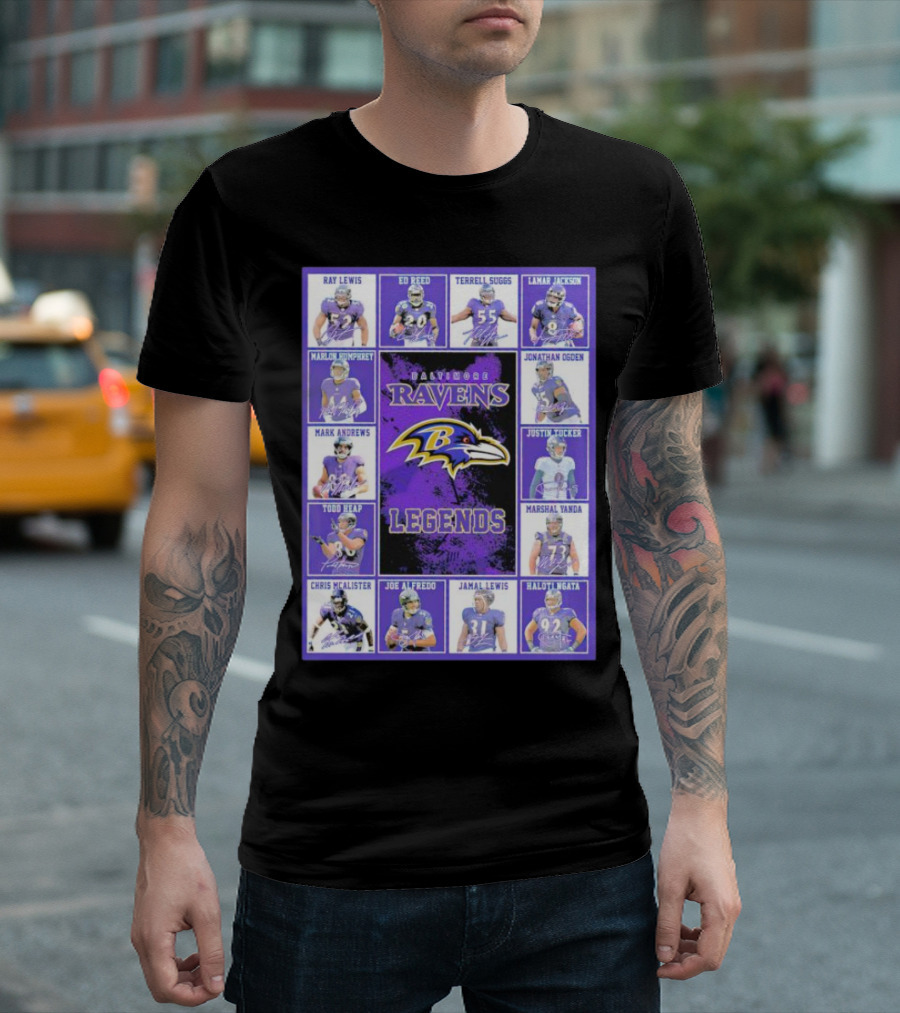 Signatures of Baltimore Ravens Legends Featuring Ray Lewis Ed Reed Terrell Suggs Lamar Jackson Jonathan Ogden Justin Tucker T-Shirt