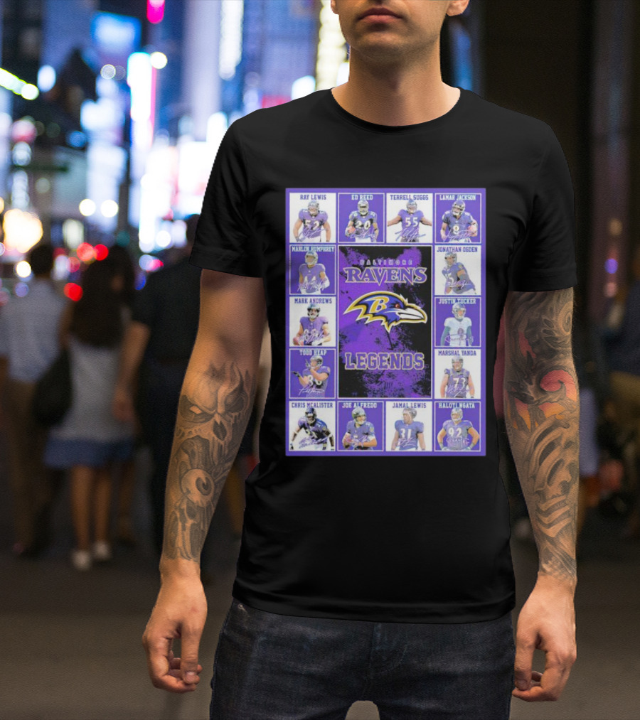 Signatures Of Baltimore Ravens Legends Featuring Ray Lewis Ed Reed Terrell Suggs Lamar Jackson Jonathan Ogden Justin Tucker T-Shirt