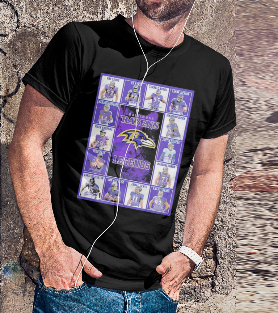 Signatures Of Baltimore Ravens Legends Featuring Ray Lewis Ed Reed Terrell Suggs Lamar Jackson Jonathan Ogden Justin Tucker T-Shirt
