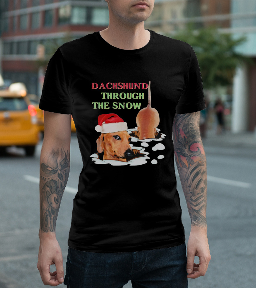 Dachshund Through the Snow Santa Hat Dog and Snow Bubbles T-Shirt