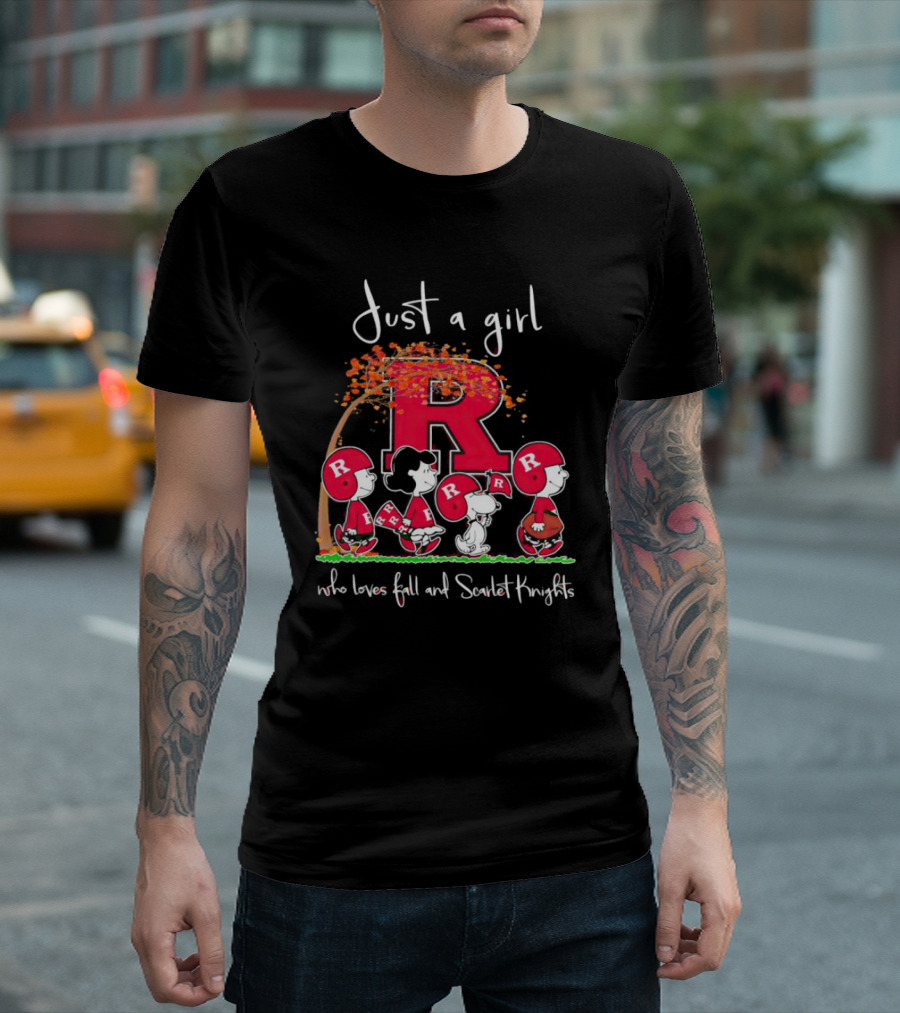 Just a Girl Who Loves Fall and Scarlet Knights Rutgers Peanuts Characters T-Shirt