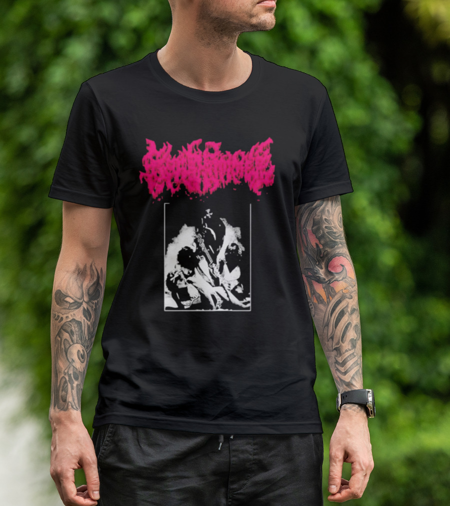 Gorehammer Graphic In Pink Gothic Font With Monochrome Horror Scene T-Shirt