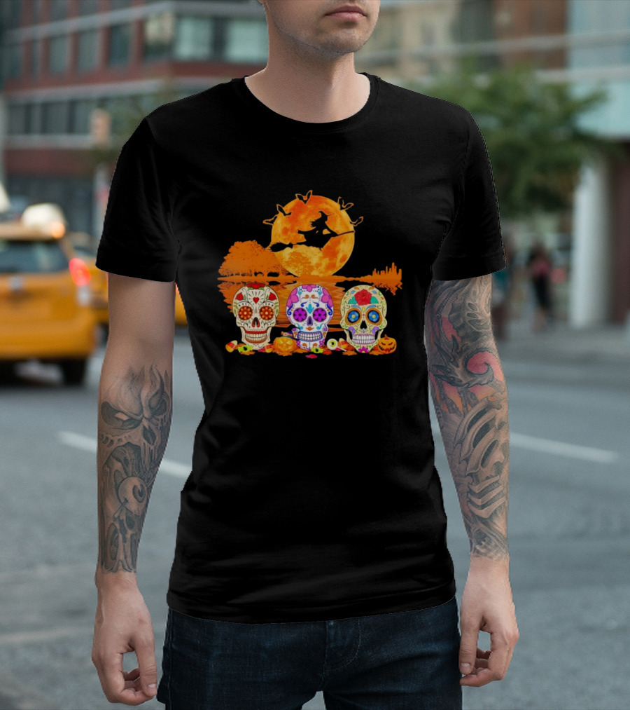 Halloween Witch Sugar Skulls Red Moon Scenic Night T-Shirt