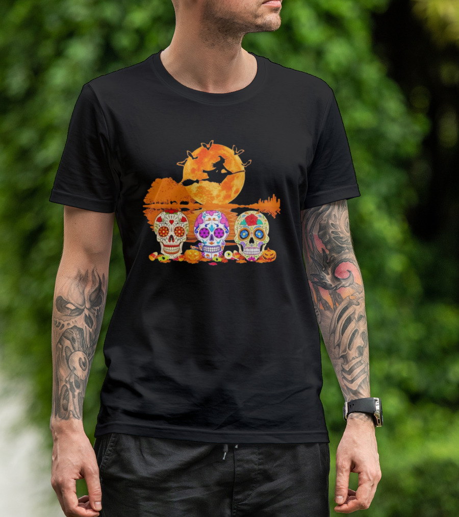 Halloween Witch Sugar Skulls Red Moon Scenic Night T-Shirt
