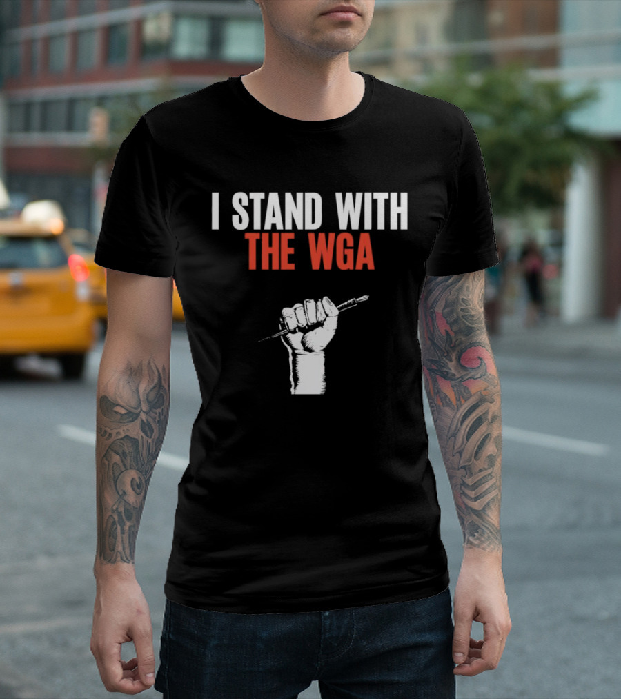 I Stand with WGA Logo Graphic Wrath Fist artwork Tshirt Battle Writer Usa Harvard Union Caru T-Shirt