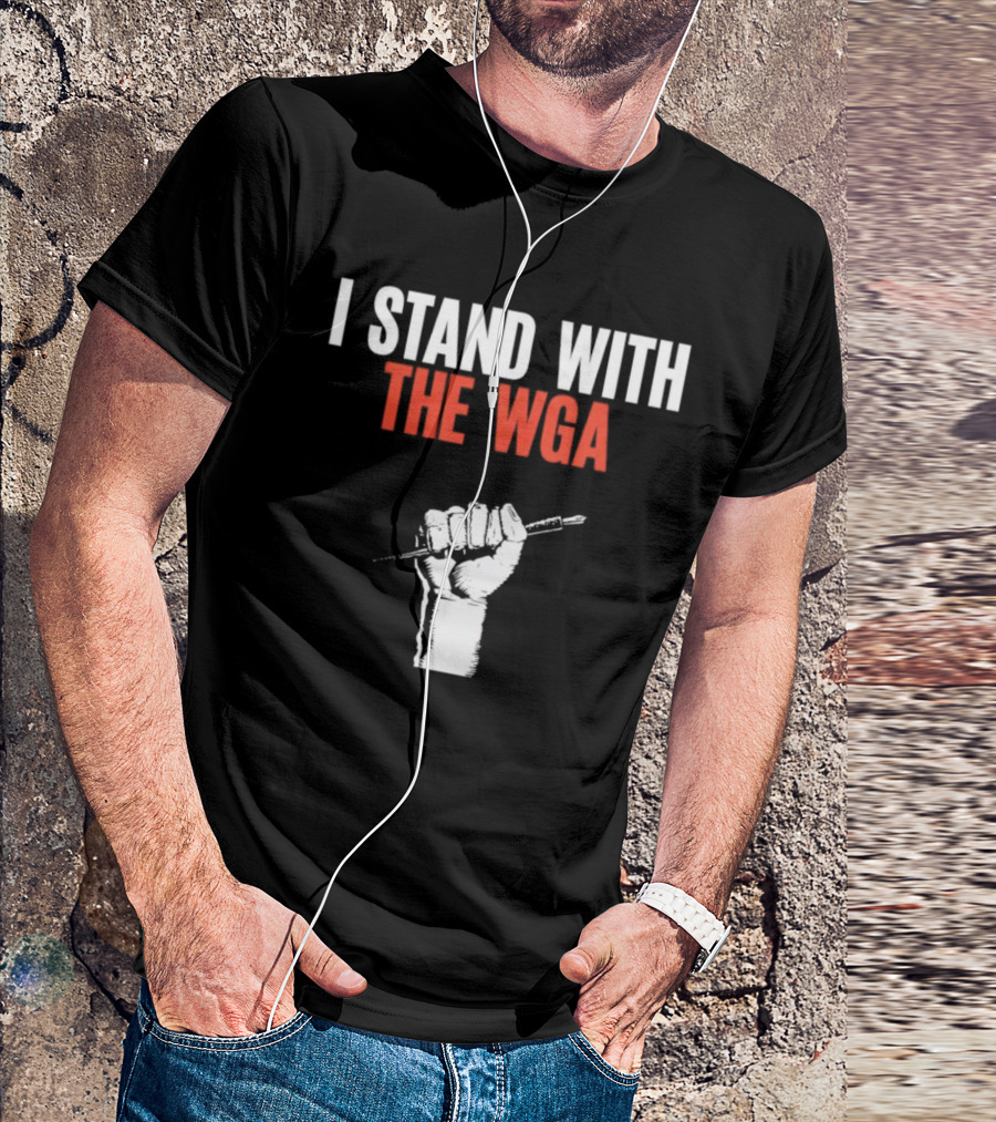 I Stand With WGA Logo Graphic Wrath Fist Artwork Tshirt Battle Writer Usa Harvard Union Caru T-Shirt