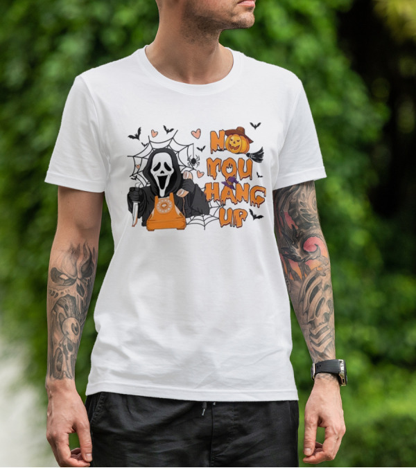 No You Hang Up Ghost With Pumpkin Phone Halloween Bats And Cobwebs T-Shirt