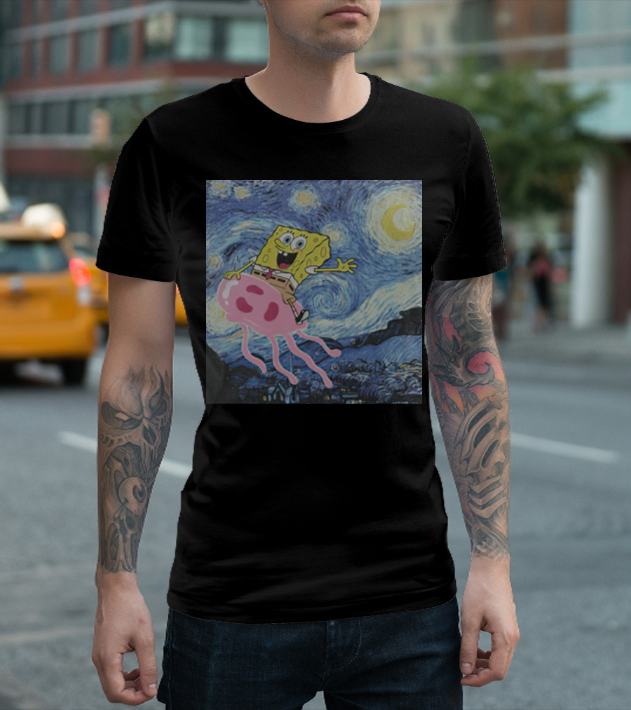 SpongeBob SquarePants Jellyfishing Van Gogh Starry Night Crossover T-Shirt