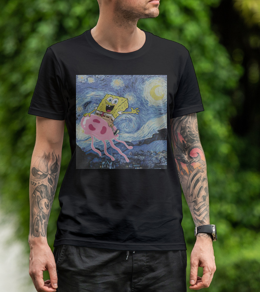 SpongeBob SquarePants Jellyfishing Van Gogh Starry Night Crossover T-Shirt