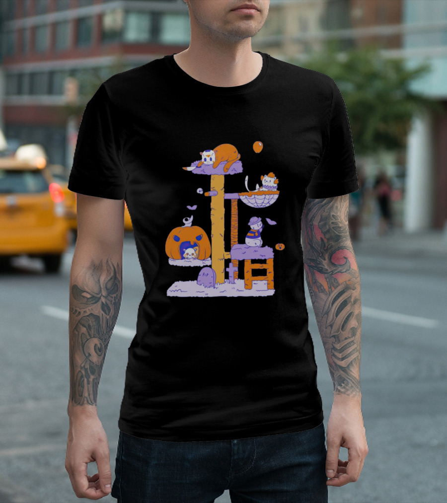 Cats In Halloween Horror Cosplay Playground With Pumpkins And Ghosts T-Shirt