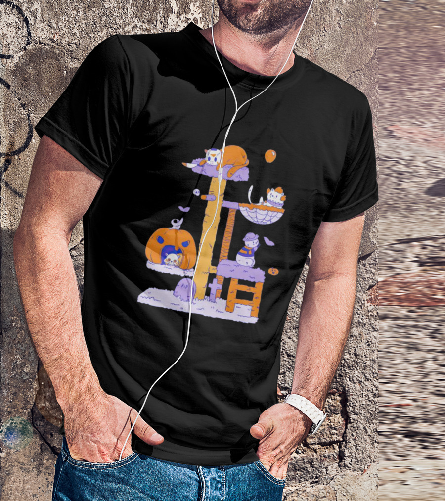 Cats In Halloween Horror Cosplay Playground With Pumpkins And Ghosts T-Shirt