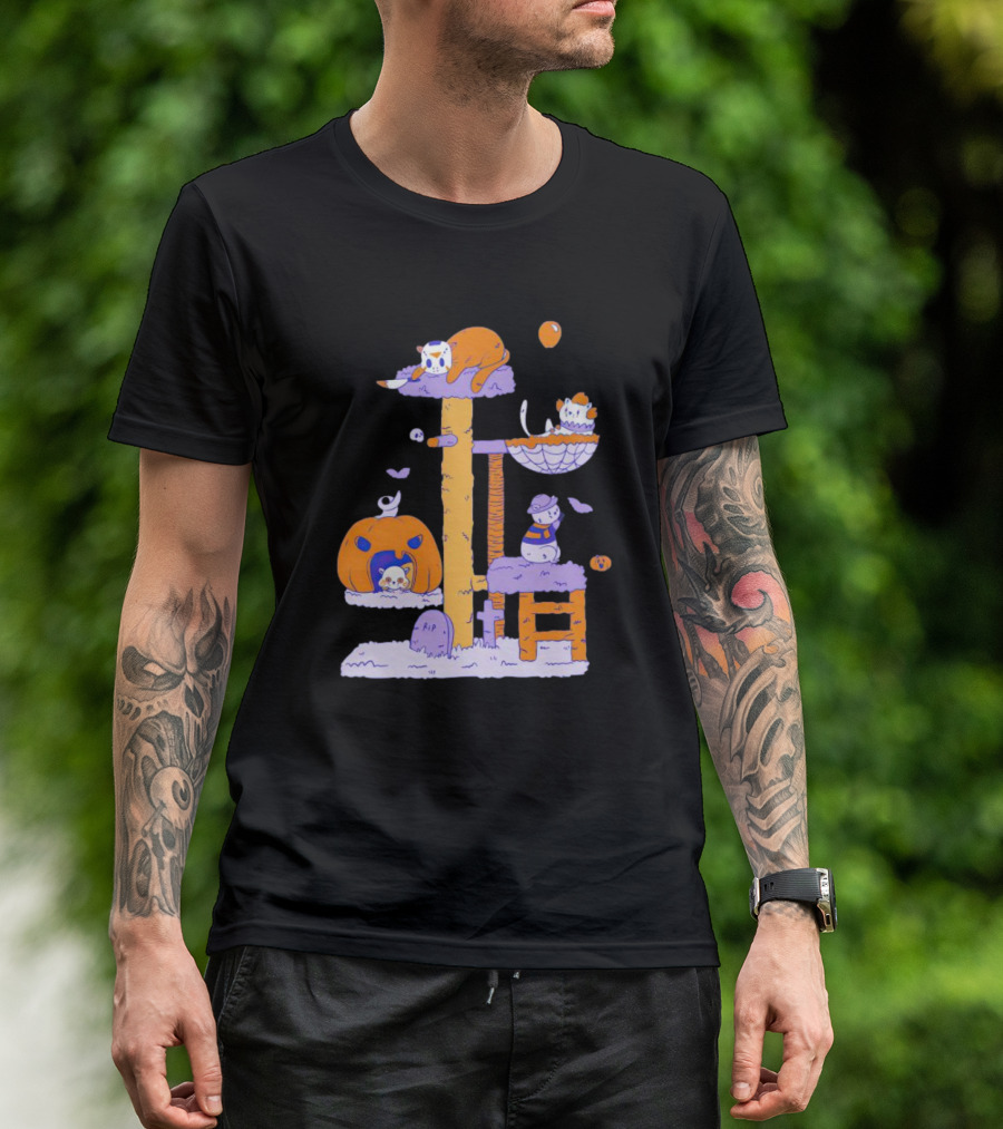 Cats In Halloween Horror Cosplay Playground With Pumpkins And Ghosts T-Shirt