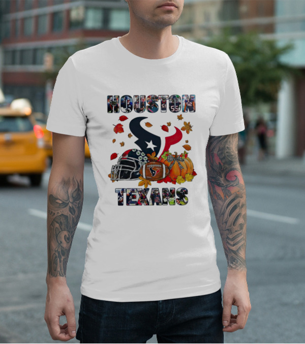 Houston Texans Football Helmet Pumpkin Autumn Leaves T-Shirt