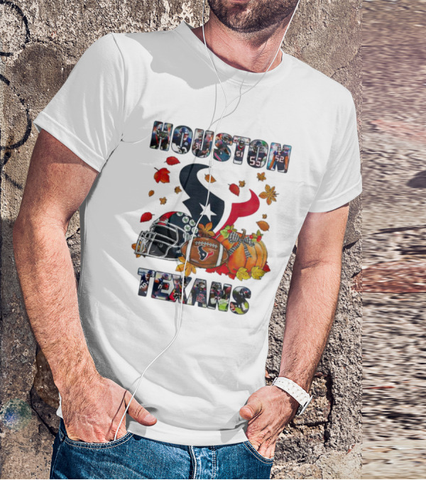 Houston Texans Football Helmet Pumpkin Autumn Leaves T-Shirt