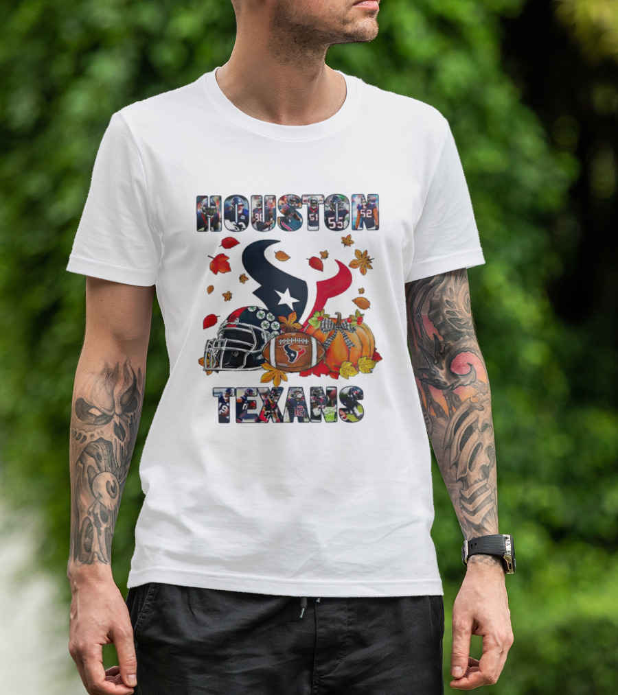 Houston Texans Football Helmet Pumpkin Autumn Leaves T-Shirt