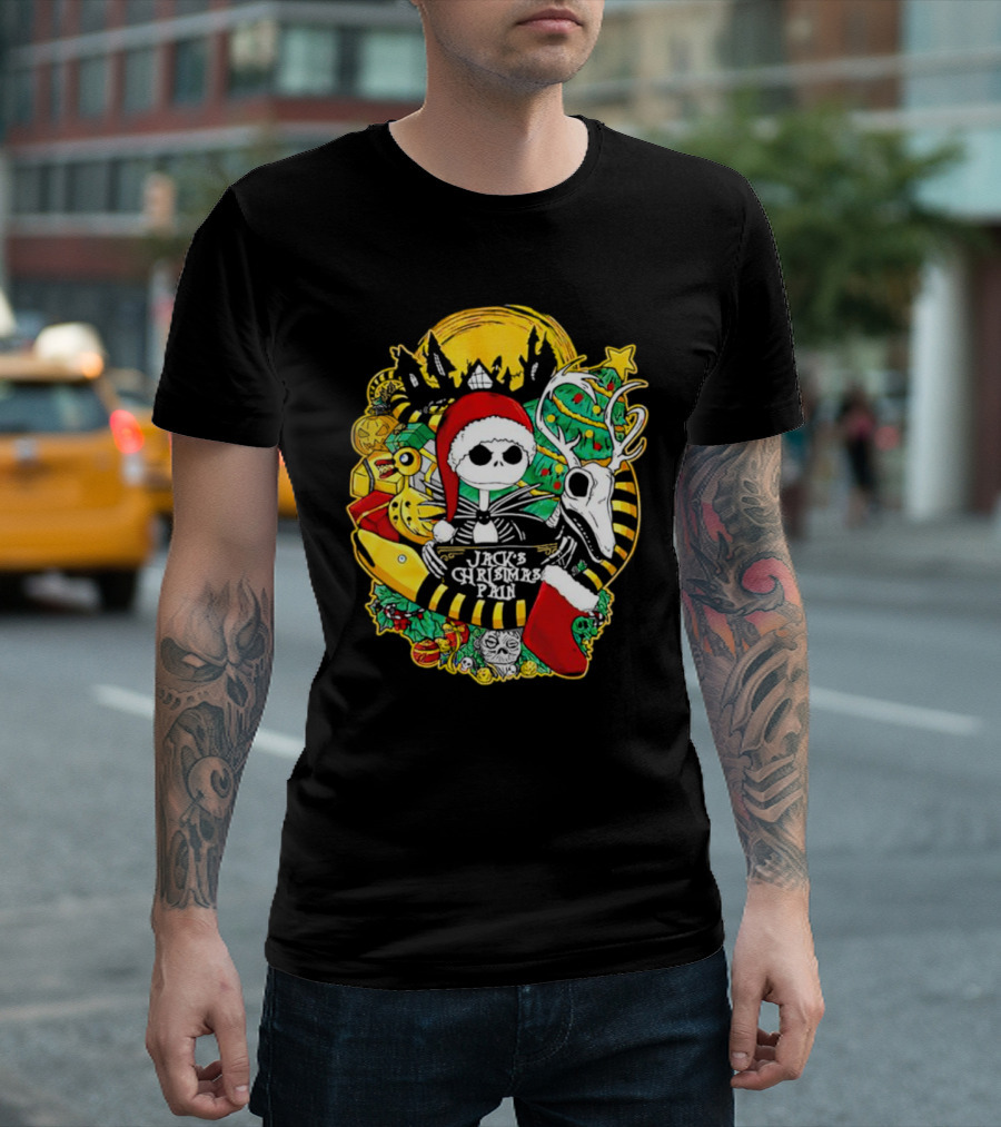 Jack Skellington's Christmas Pain Reindeer and Santa Hat T-Shirt