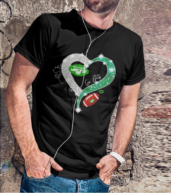 New York Jets Go Jets Diamond Heart Green Football Sparkle T-Shirt