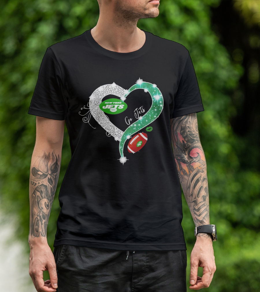 New York Jets Go Jets Diamond Heart Green Football Sparkle T-Shirt