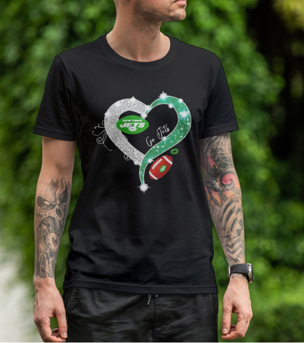 New York Jets Go Jets Diamond Heart Green Football Sparkle T-Shirt