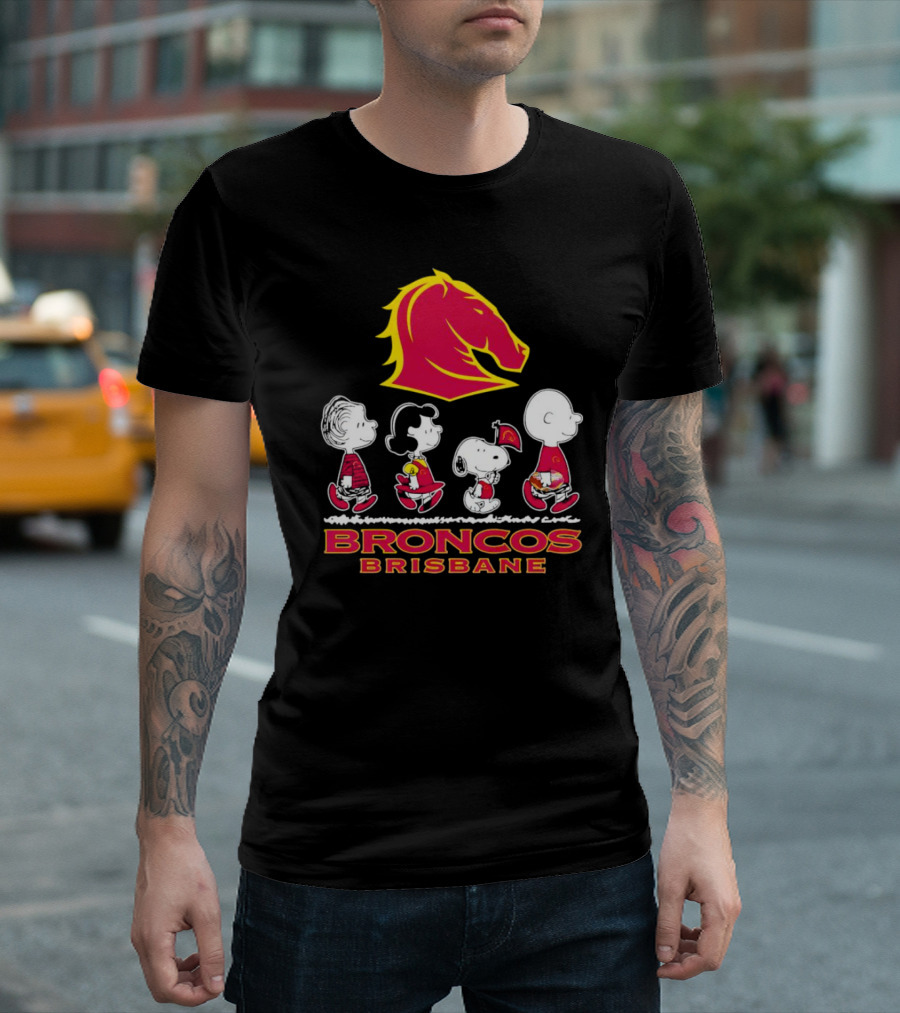 Broncos Brisbane Peanuts Characters Walking Under Horse T-Shirt