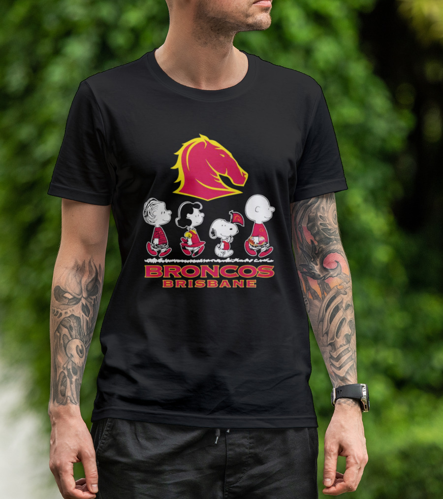 Broncos Brisbane Peanuts Characters Walking Under Horse T-Shirt