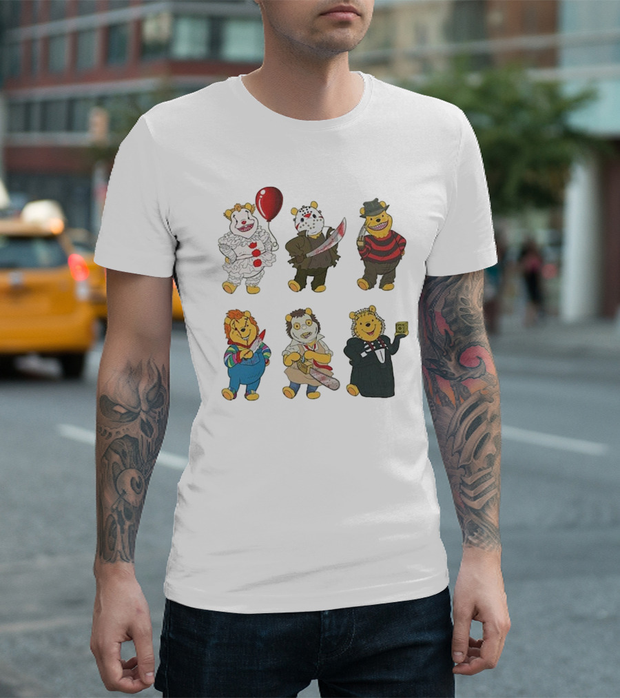 Pooh Bear Halloween Horror Characters Pennywise Jason Freddy Chucky Leatherface Pinhead T-Shirt