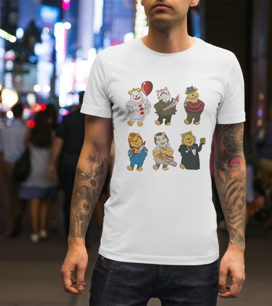 Pooh Bear Halloween Horror Characters Pennywise Jason Freddy Chucky Leatherface Pinhead T-Shirt