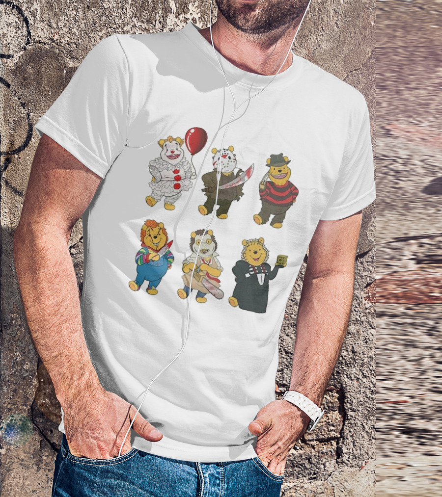 Pooh Bear Halloween Horror Characters Pennywise Jason Freddy Chucky Leatherface Pinhead T-Shirt