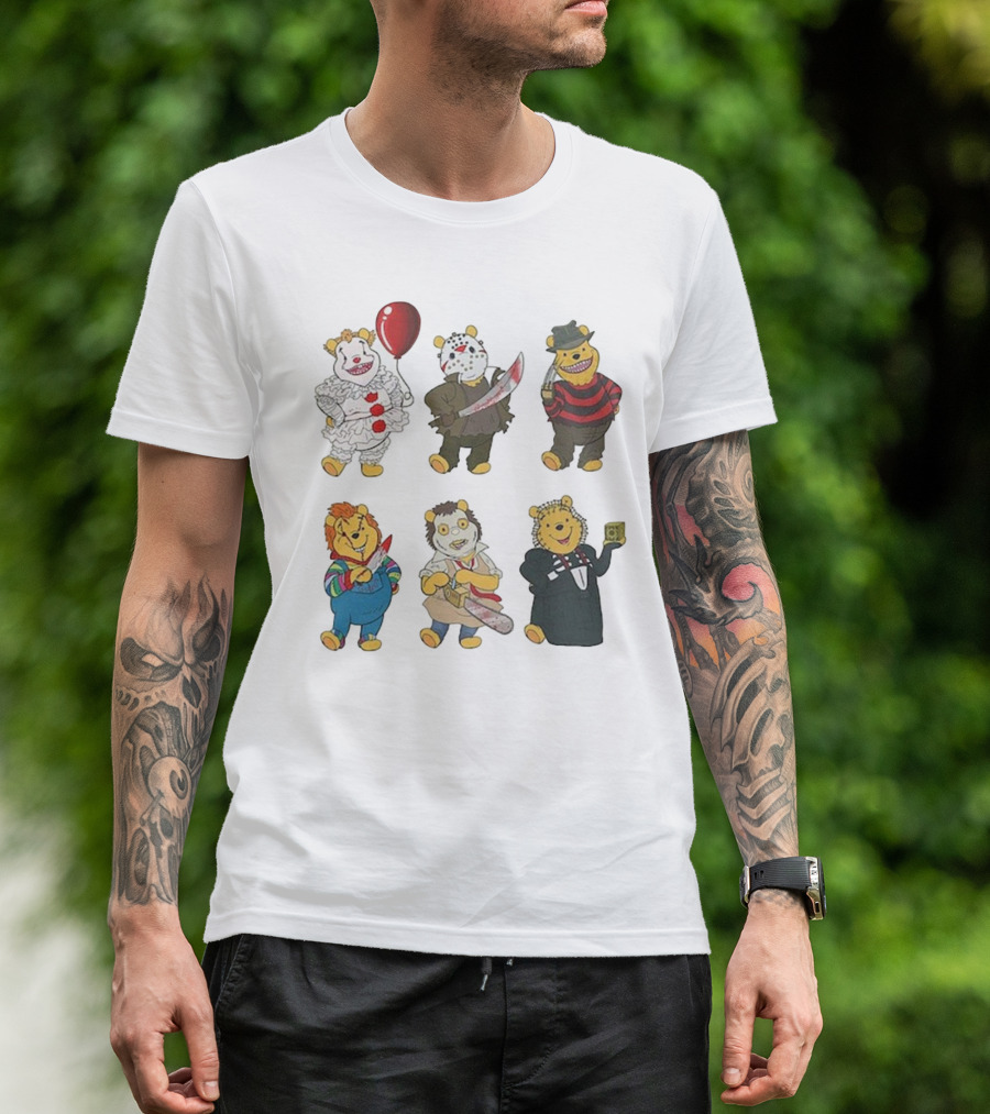 Pooh Bear Halloween Horror Characters Pennywise Jason Freddy Chucky Leatherface Pinhead T-Shirt