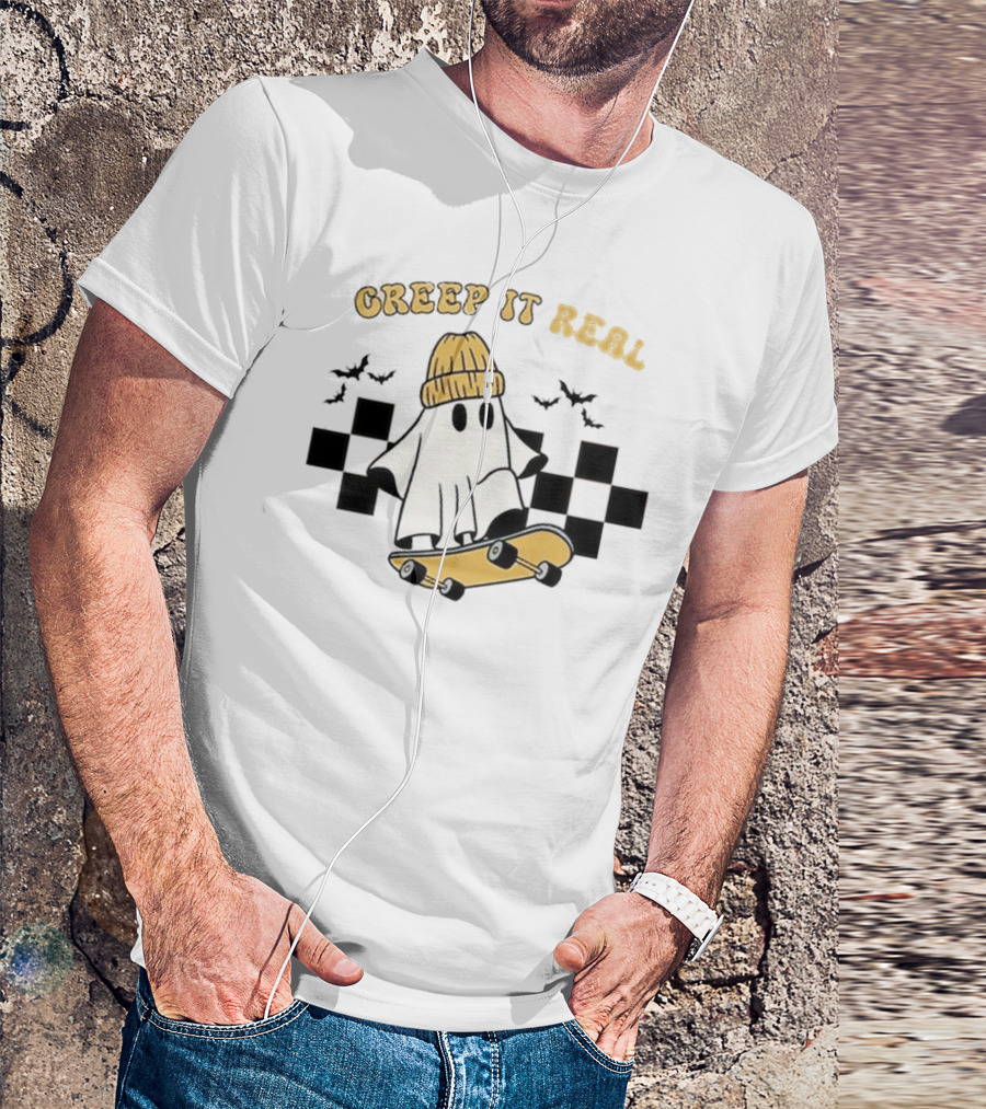 Creep It Real Retro Halloween Ghost Skateboard Bats T-Shirt