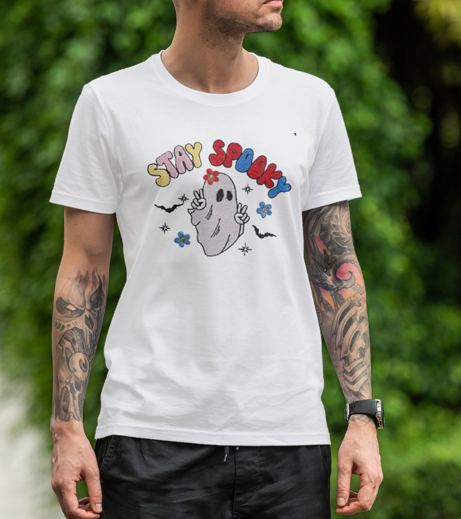 Stay Spooky Ghost With Flowers And Peace Signs T-Shirt