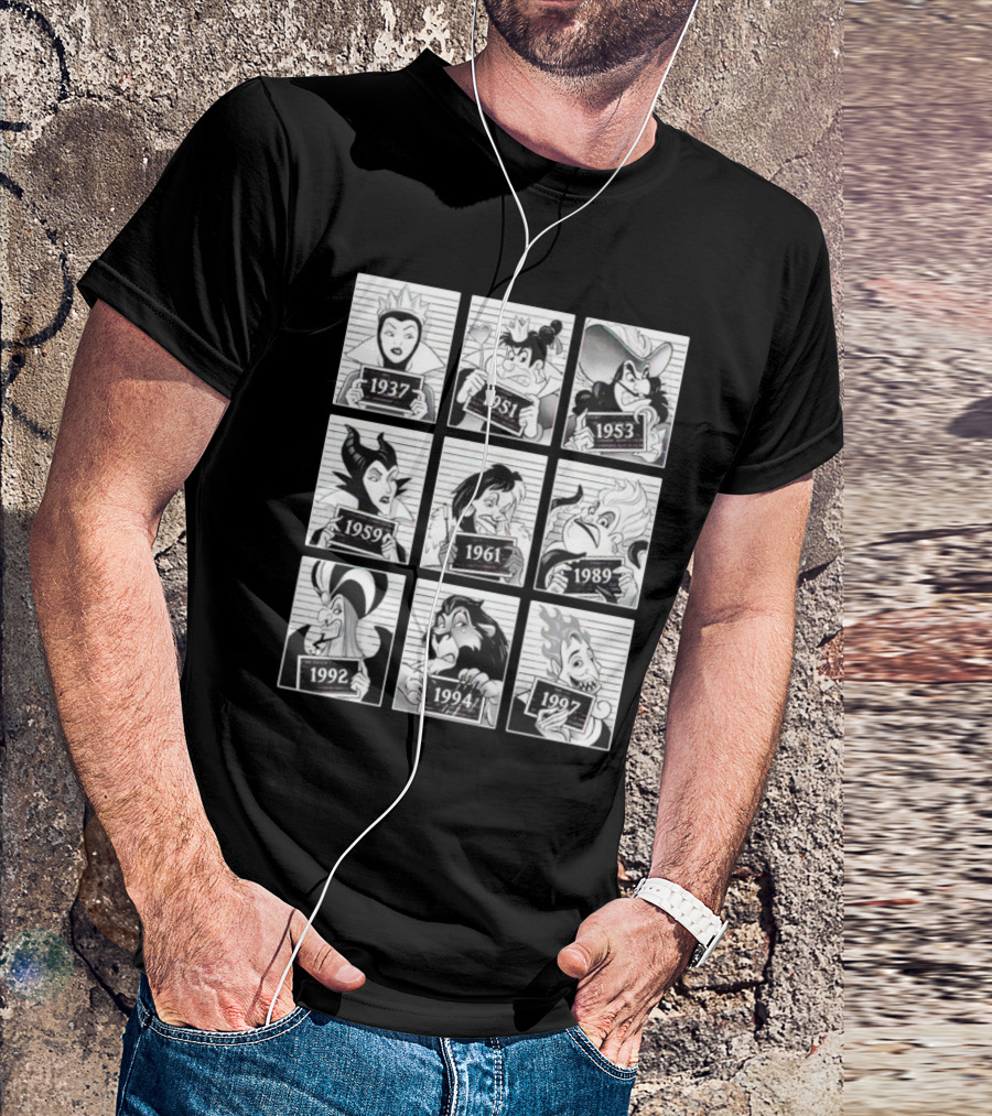 Walt Disney Cartoon Main Antagonists Year Lineup Mugshots 1937 To 1997 T-Shirt