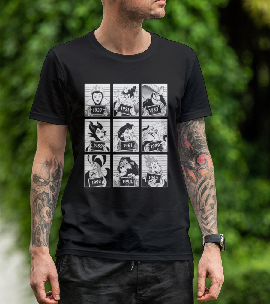 Walt Disney Cartoon Main Antagonists Year Lineup Mugshots 1937 To 1997 T-Shirt