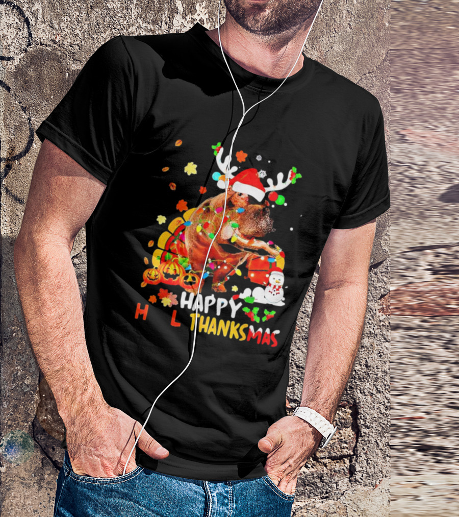 Happy Hallothanksmas Santa Hippopotamus Pumpkin Snowman T-Shirt