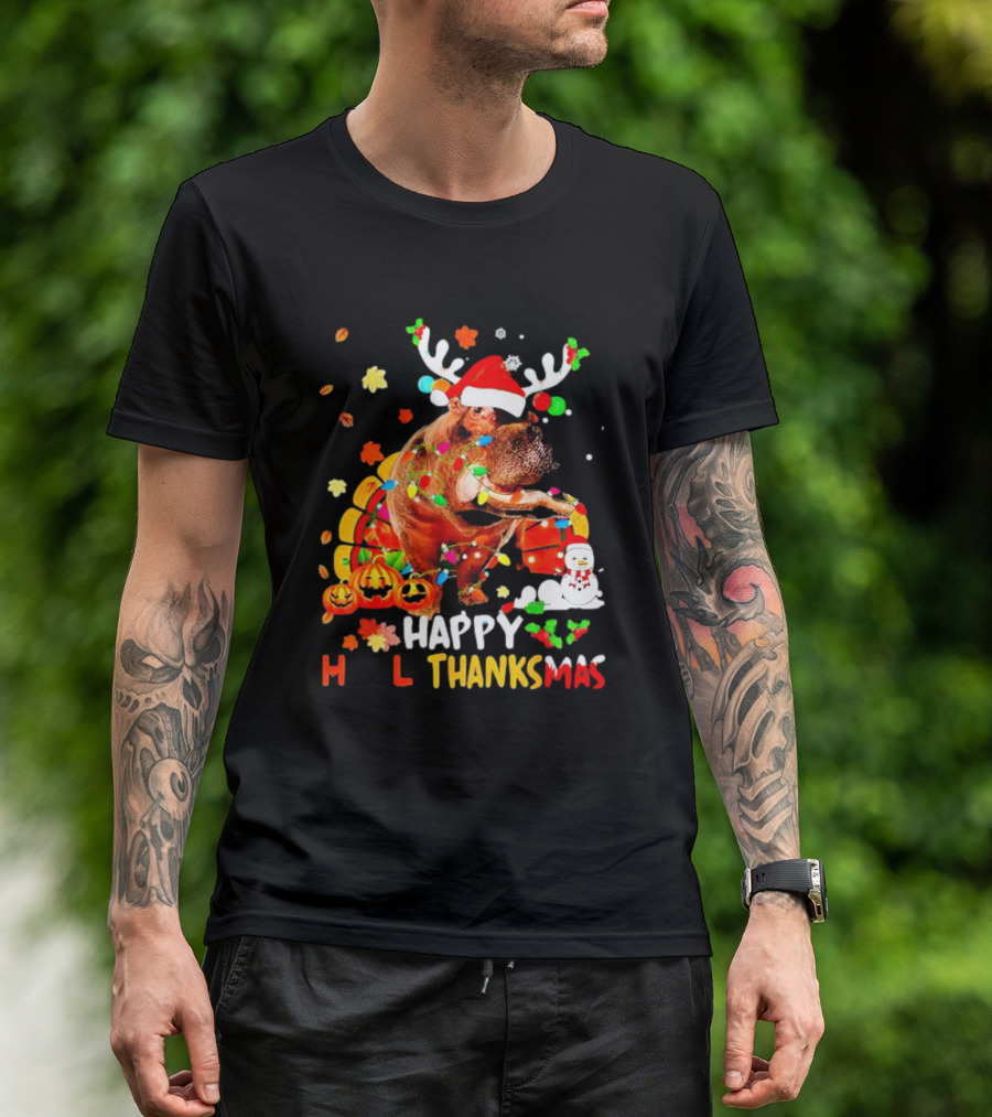 Happy Hallothanksmas Santa Hippopotamus Pumpkin Snowman T-Shirt