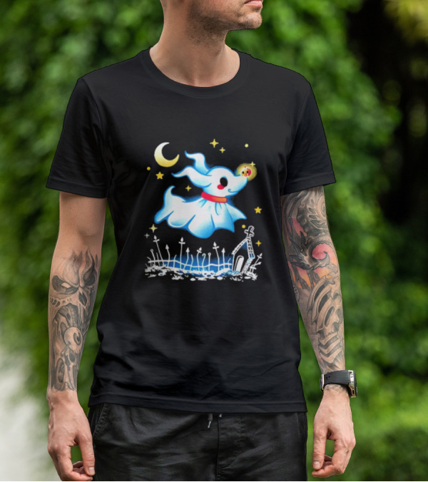 Flying Ghost Dog With Moon And Stars Halloween Scene T-Shirt