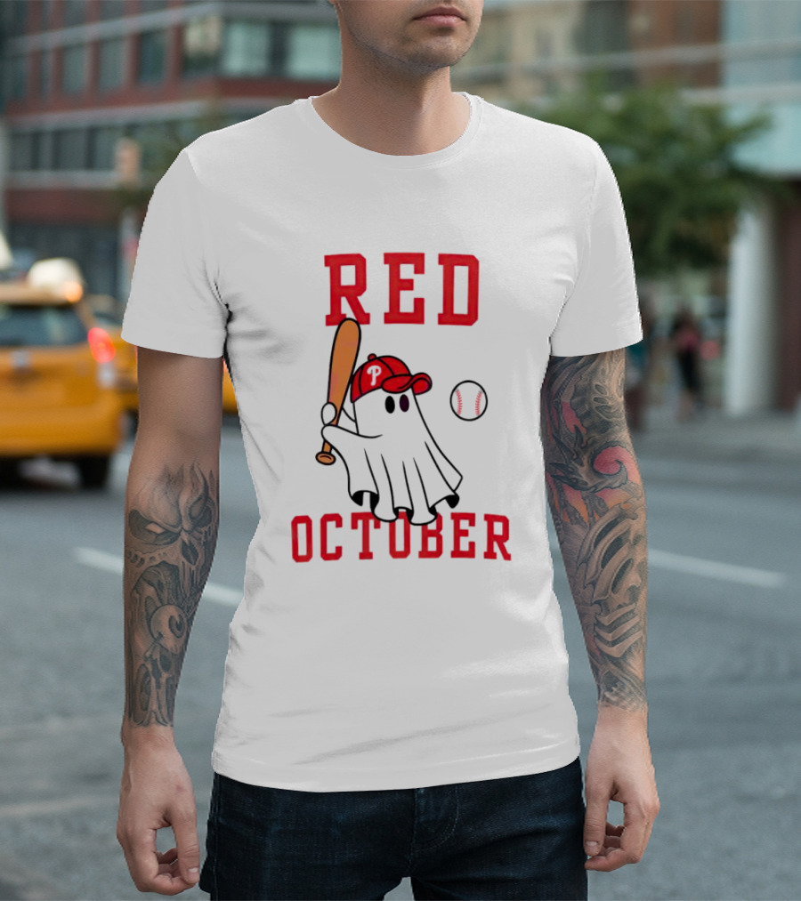 Phillies Red October Ghost Baseball Player in Cap and Bat T-Shirt