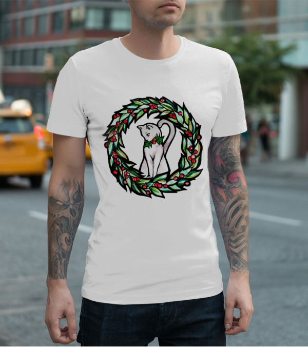 White Cat In Christmas Wreath With Holly And Berries T-Shirt