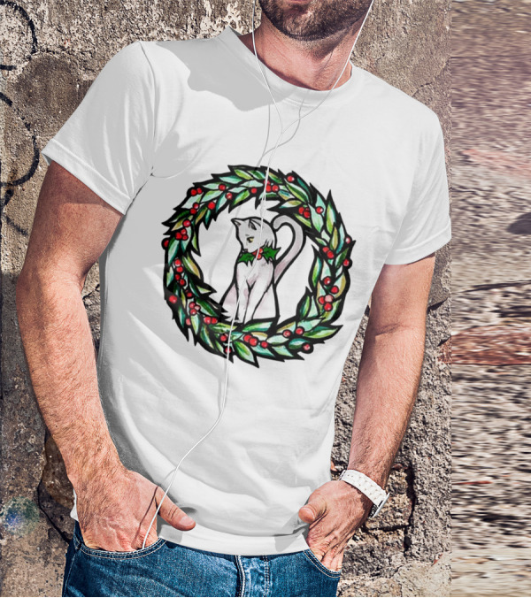 White Cat In Christmas Wreath With Holly And Berries T-Shirt
