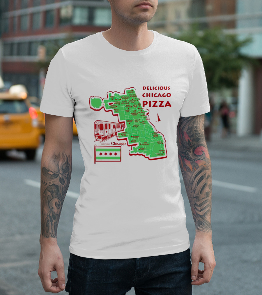 Chicago Map Train Flag Delicious Chicago Pizza T-Shirt