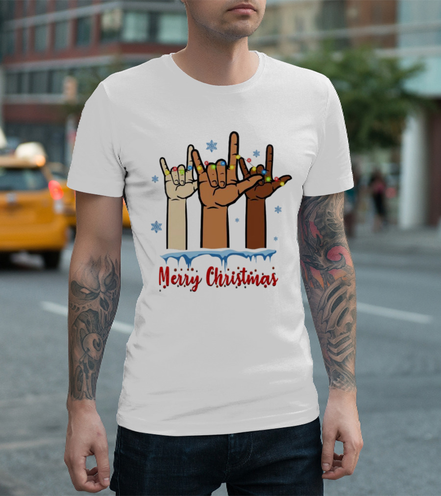 Merry Christmas Deaf Awareness Hand Sign Language with Snowflakes and Festive Lights T-Shirt