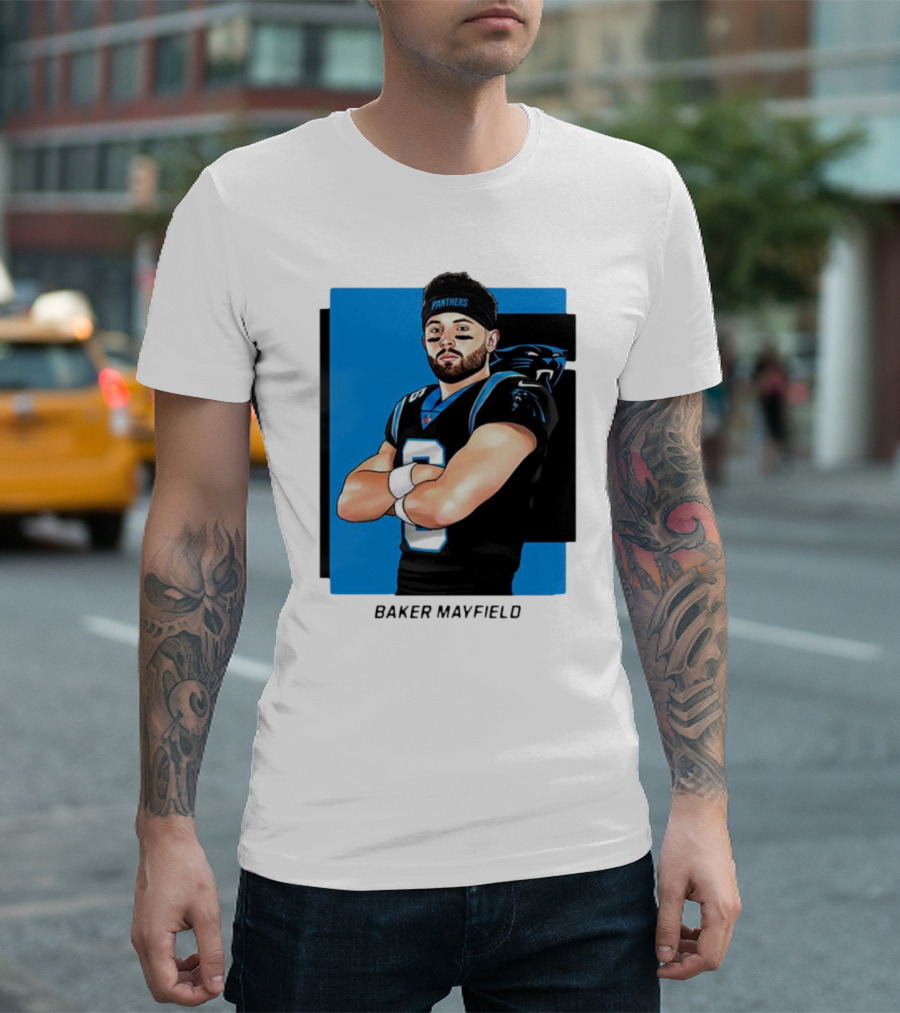 Carolina Panthers Baker Mayfield Artwork With Team Uniform T-Shirt