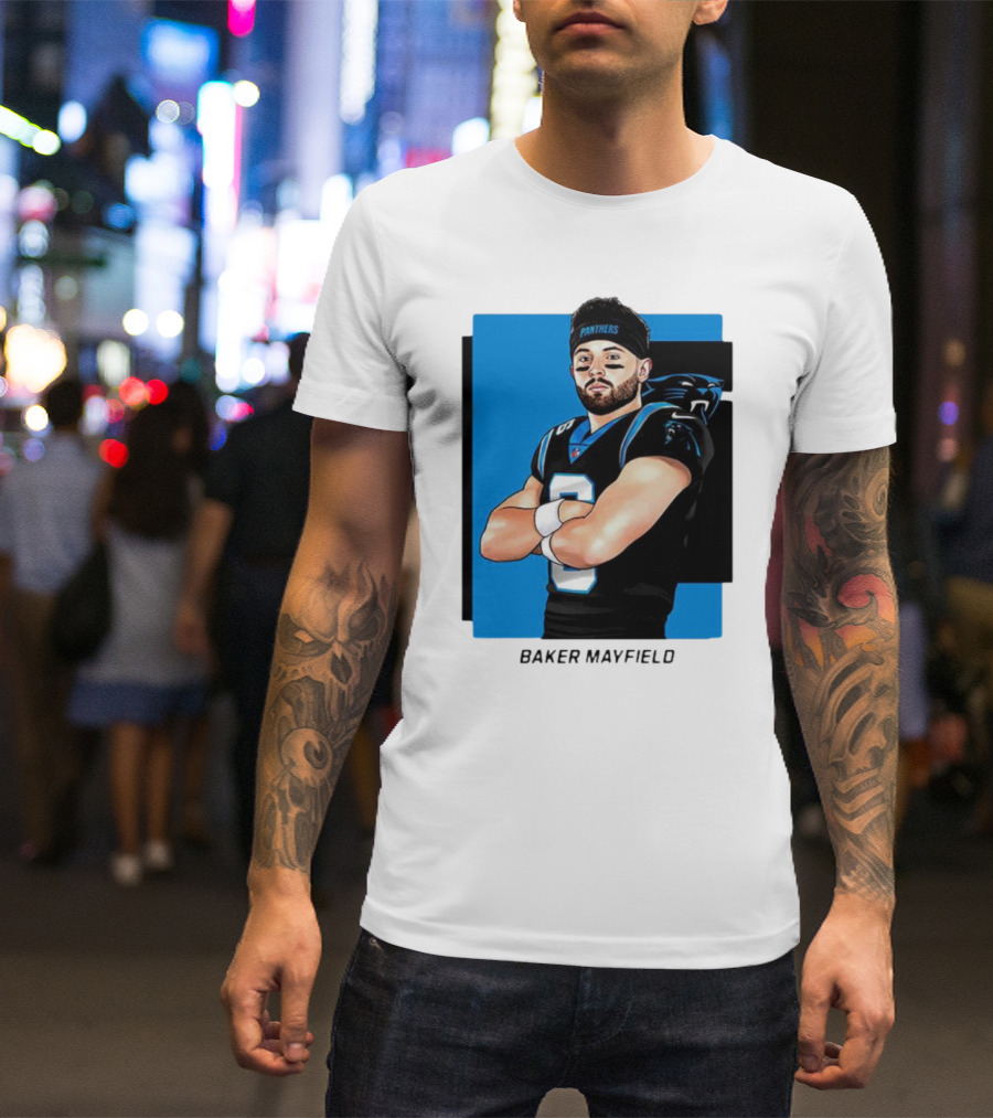 Carolina Panthers Baker Mayfield Artwork With Team Uniform T-Shirt