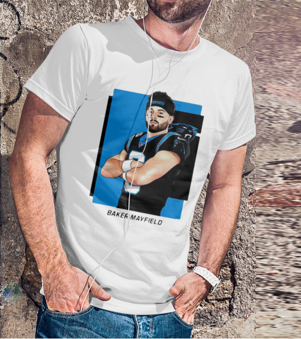 Carolina Panthers Baker Mayfield Artwork With Team Uniform T-Shirt