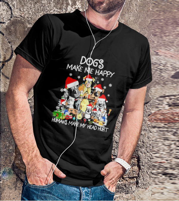 Dogs Make Me Happy Humans Make My Head Hurt Christmas Santa Hat Snowflakes T-Shirt