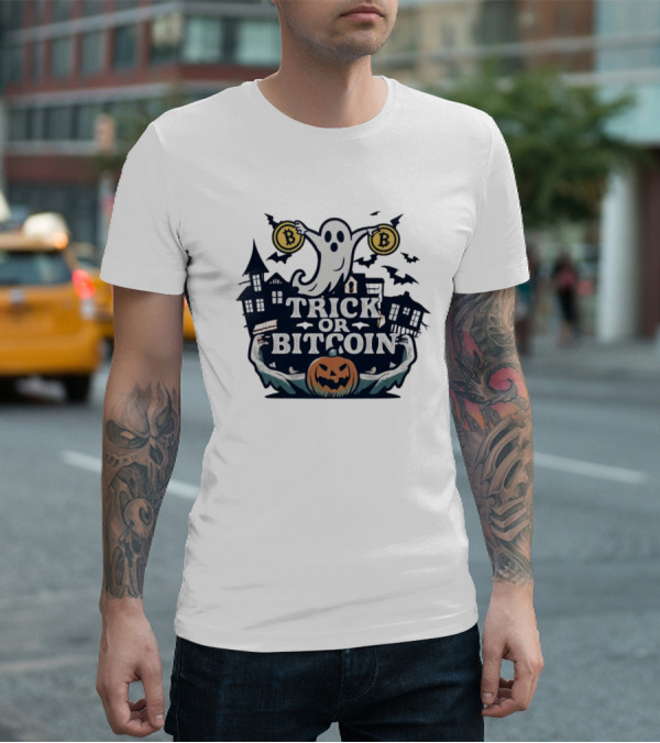 Trick Or Bitcoin Ghost Halloween With Haunted Houses And Pumpkin T-Shirt